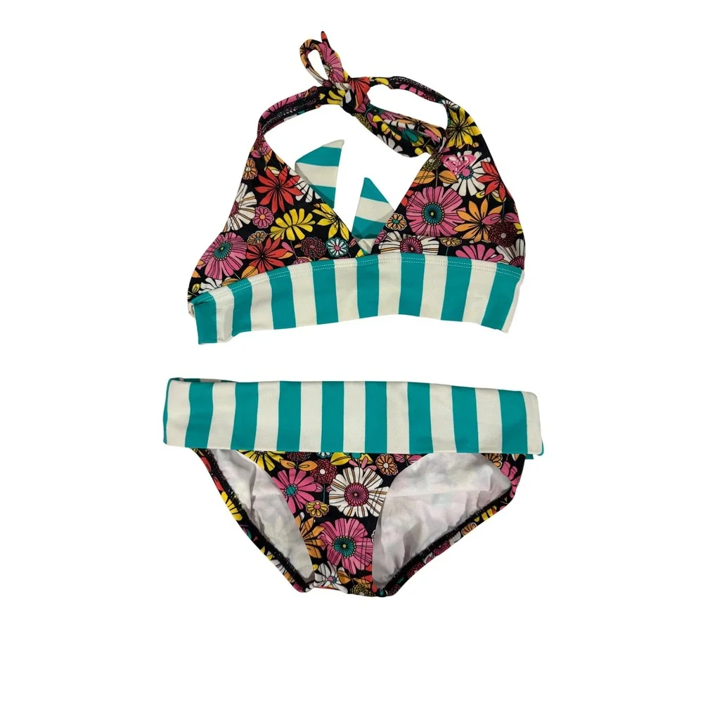 Roxy Girls Floral Striped Halter Bikini‎ Two Piece Swimsuit Teal Multicolor
